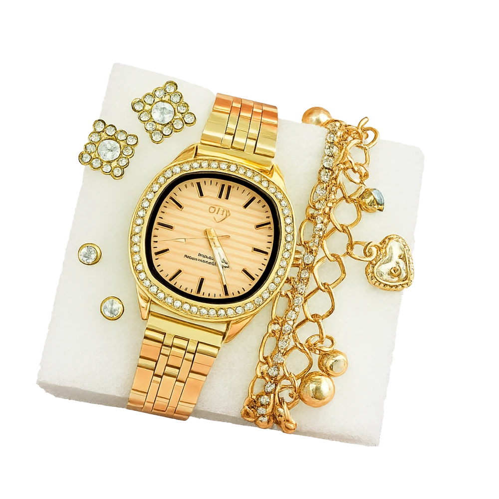 Relógio Feminino Dourado com Conjunto de Pulseira e Brincos Luxo