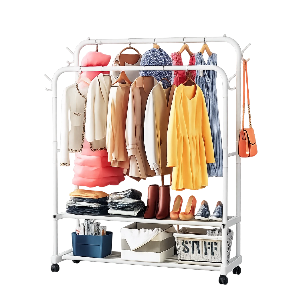 Varal de Roupa Duplo com Rodas e Prateleira Inferior – Organizador Multiuso em Aço (Branco)