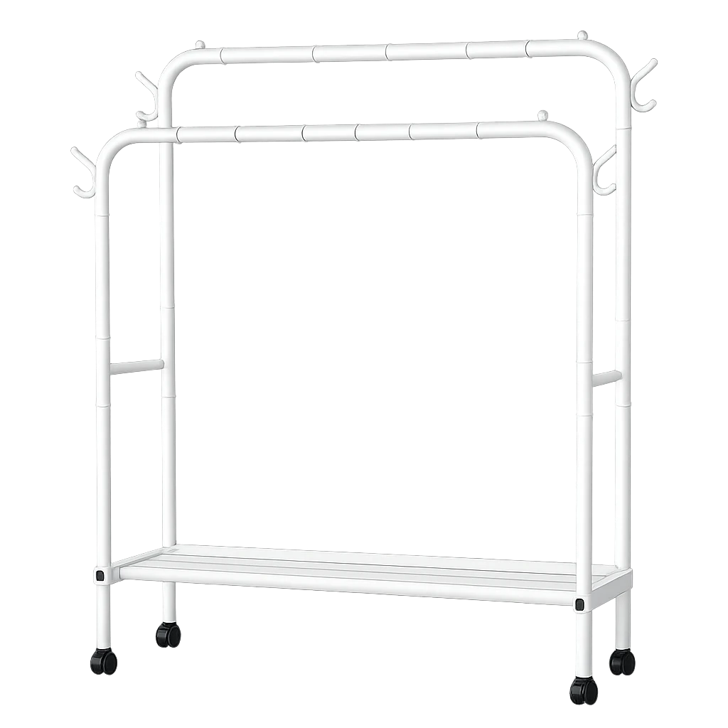 Varal de Roupa Duplo com Rodas e Prateleira Inferior – Organizador Multiuso em Aço (Branco)