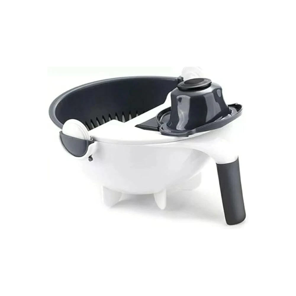 Cortador Multifuncional de Vegetais e Frutas 9 em 1 com Recipiente Coletor – Branco e Preto