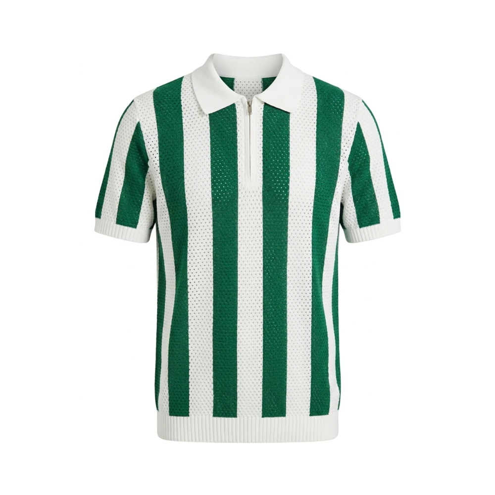 Polo Masculina Listrada Verde & Branca – Estilo Moderno, Conforto e Elegância Casual