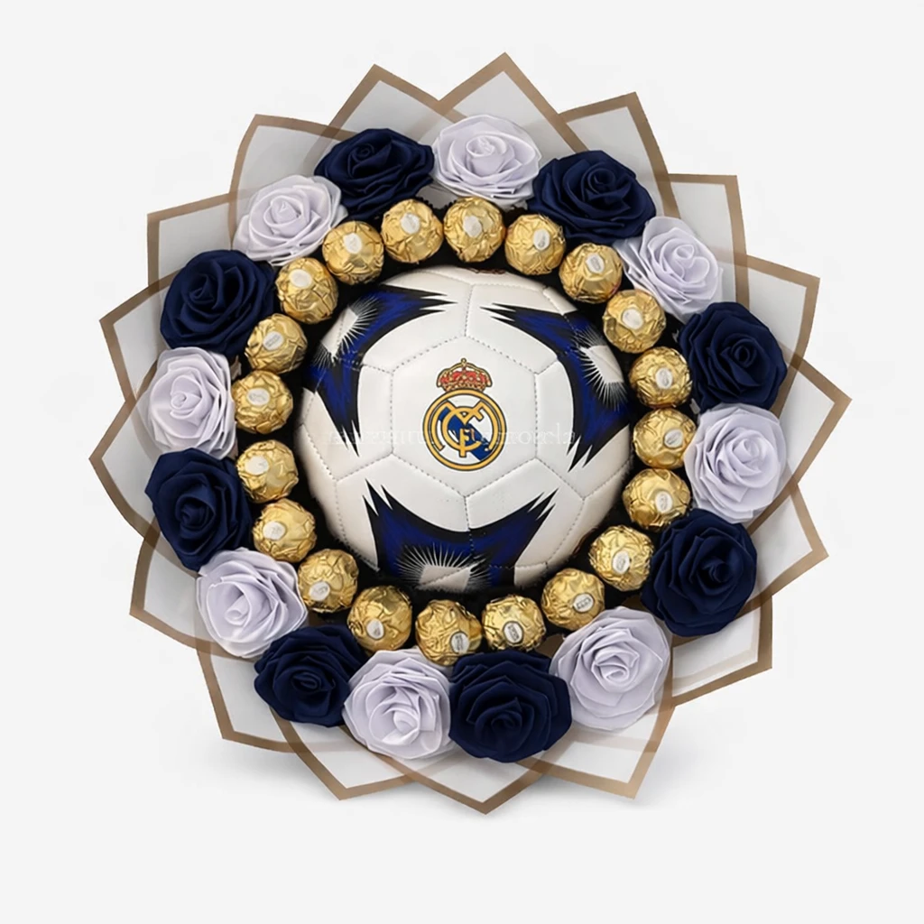 Buquê Personalizado com Bola do Real Madrid e Chocolates Ferrero Rocher