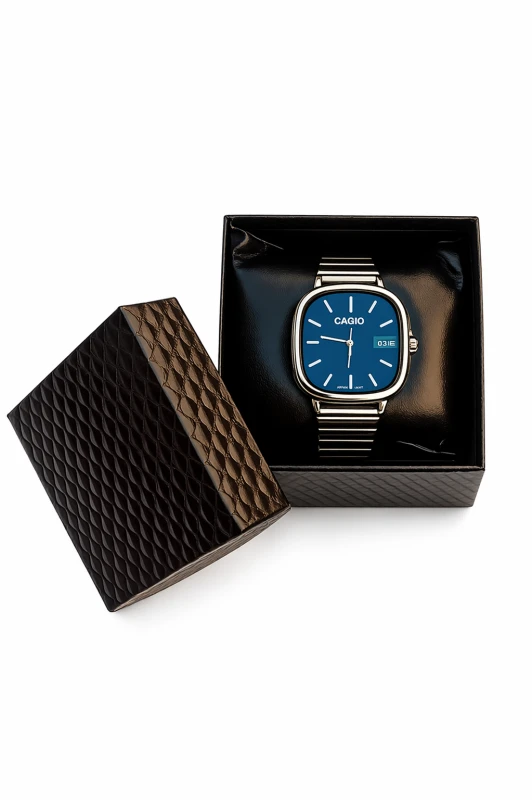 Relógio Masculino Elegante Cagio Dourado com Mostrador Azul
