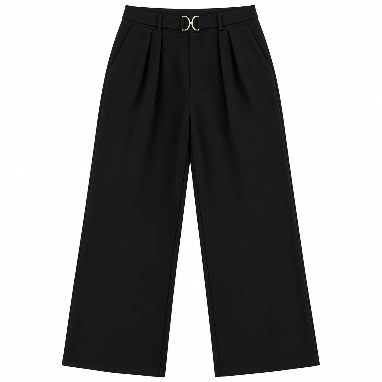 Calça Feminina Preta de Cintura Alta com Fivela Dourada