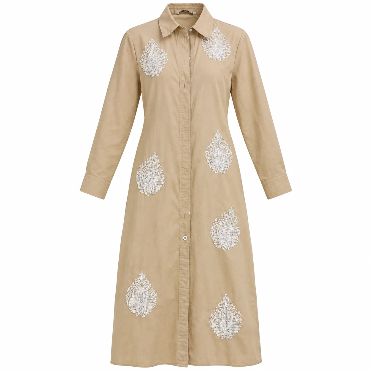 Vestido Camiseiro Feminino Zara Bege Longo com Bordados de Folhas