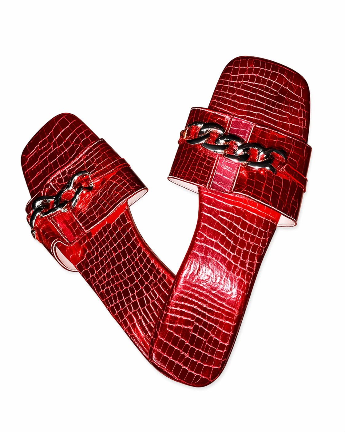 Sandálias Slide Luxo Vermelho Croco com Corrente