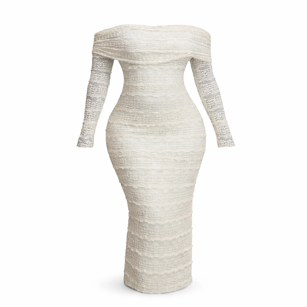 Vestido Longo Elegante Rendado Ombro a Ombro Feminino