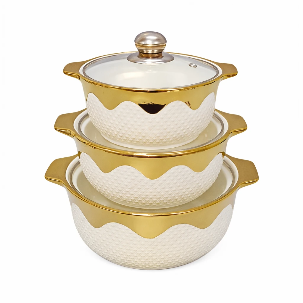 Conjunto de Tigelas de Cerâmica Premium com Tampa de Vidro e Detalhes Dourados – Elegância e Praticidade para Sua Mesa