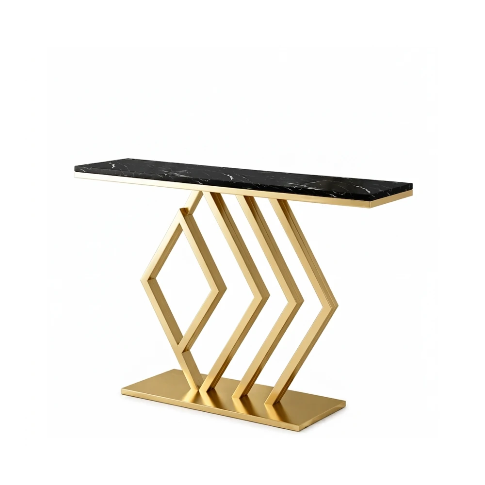 Aparador Console Luxo com Base Geométrica Dourada e Tampo Mármore Preto