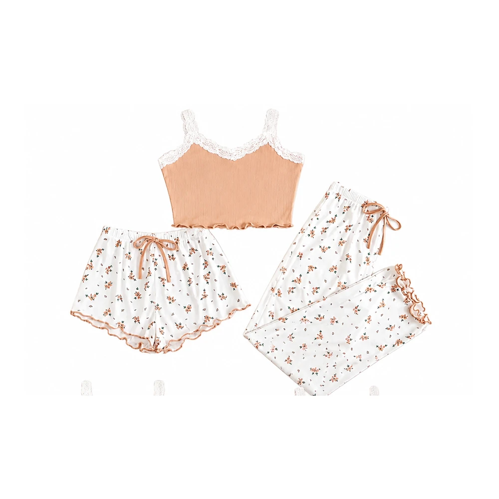 Pijama Feminino 3 Peças com Top, Calção e Calça Estampada