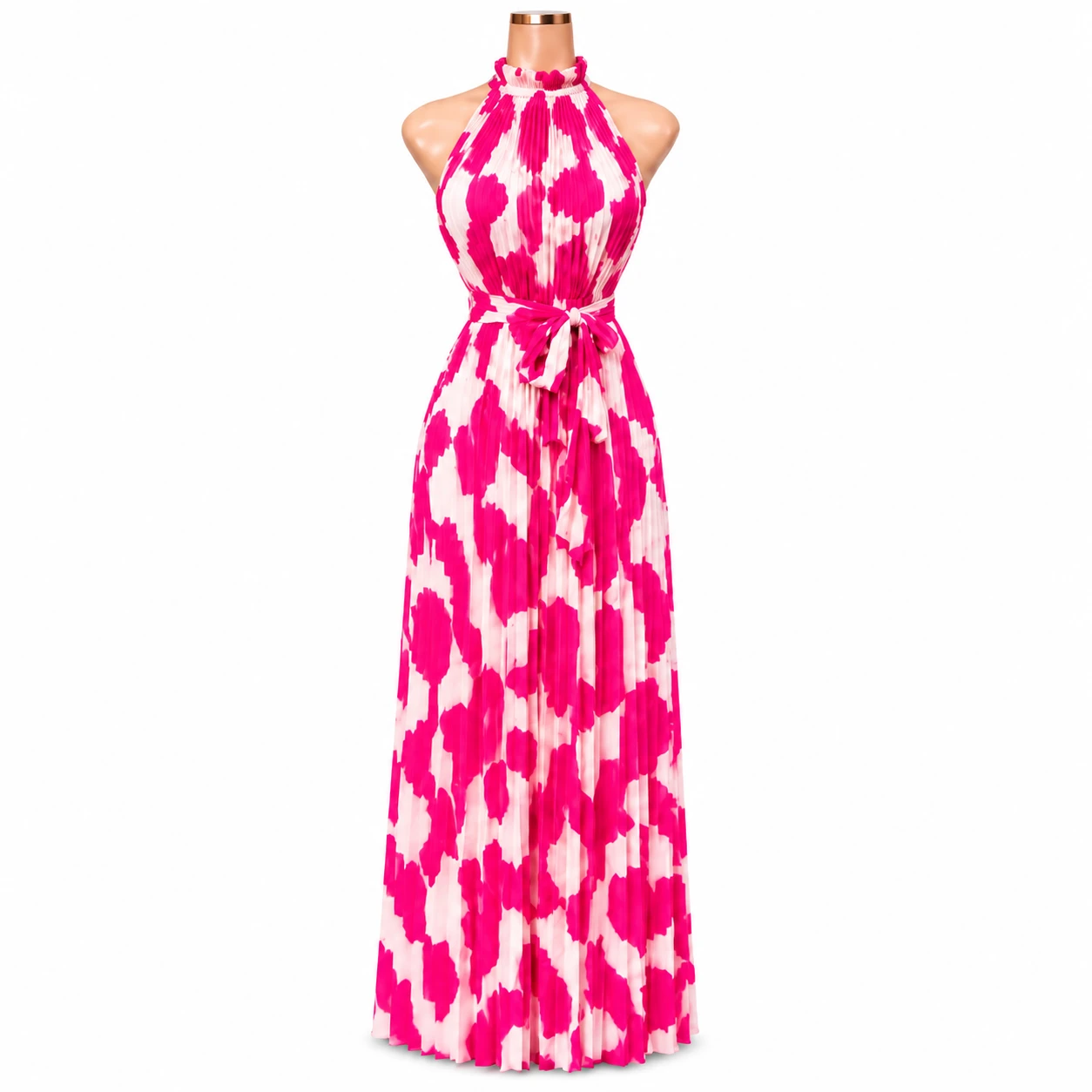 Vestido Longo Feminino Plissado Estampado Rosa e Branco com Gola Halter