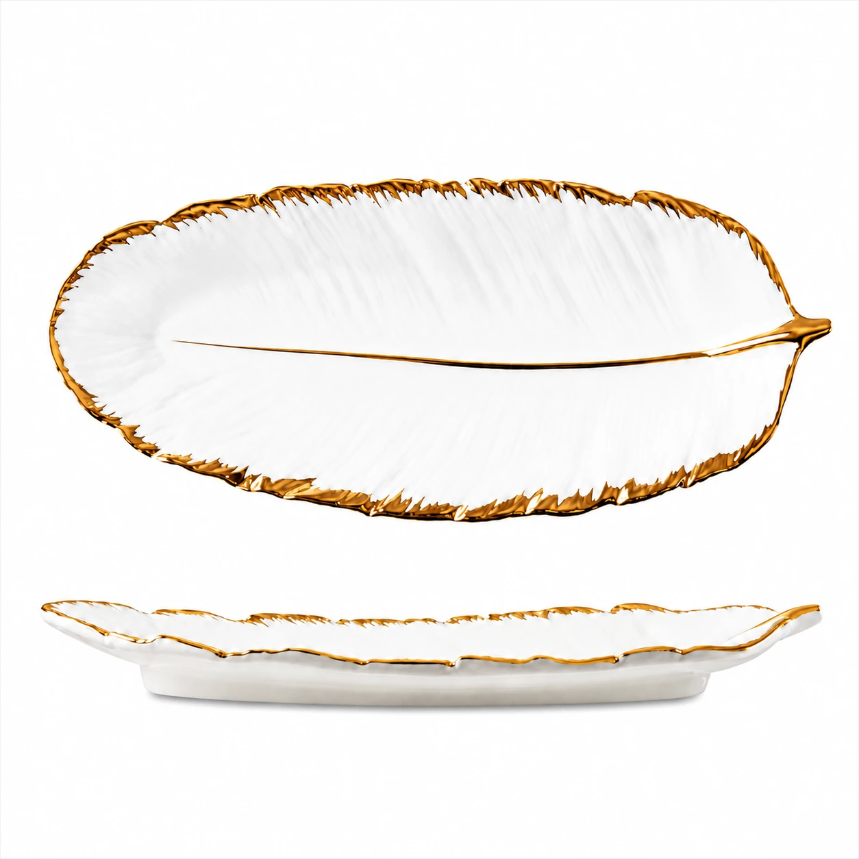 Prato Decorativo Cerâmico Folha Luxury Gold Feather
