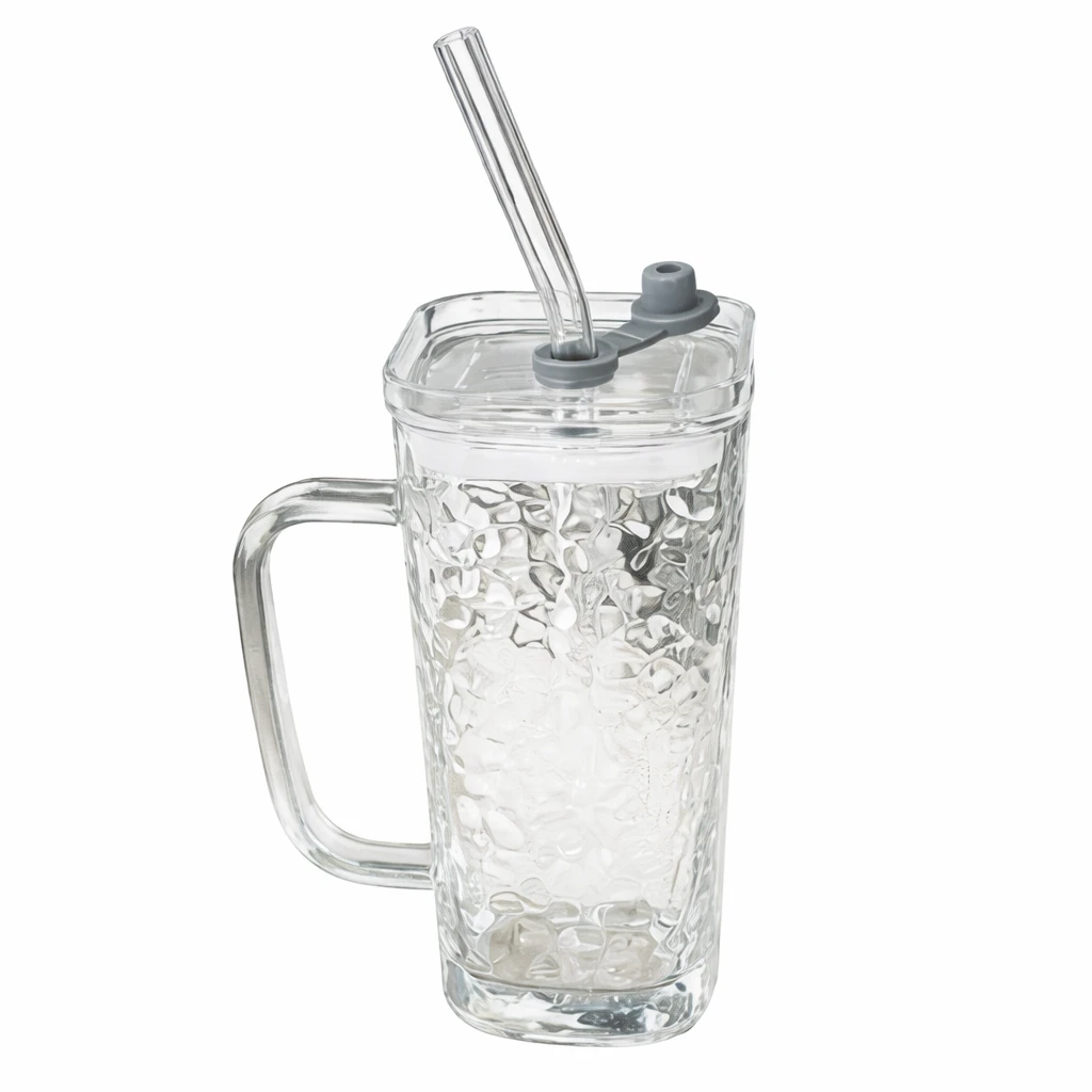 Copo/tumbler de vidro borossilicato transparente com tampa e canudo.