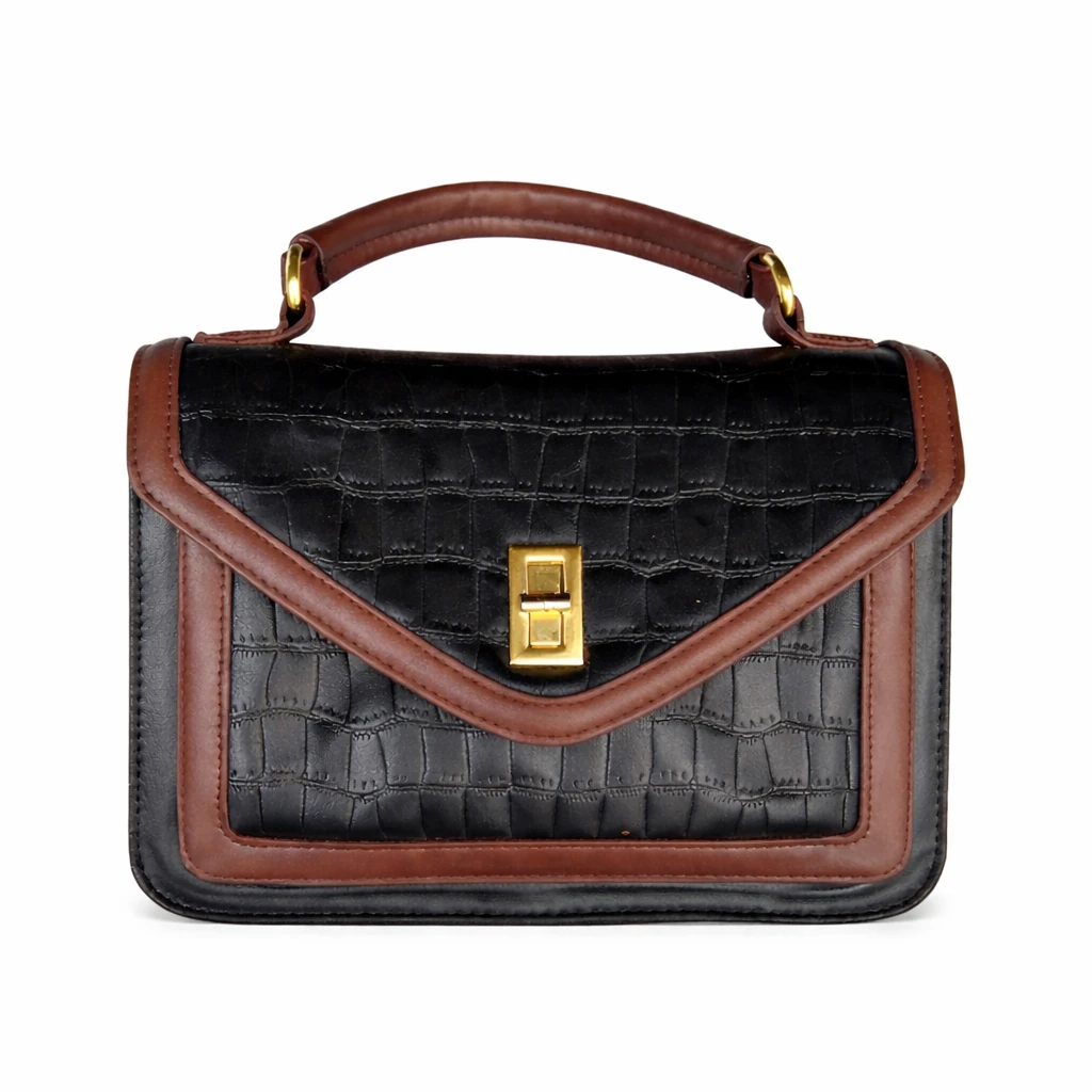 Bolsa Feminina Elegante Croco Preto com Detalhes Marrons e Fecho Dourado
