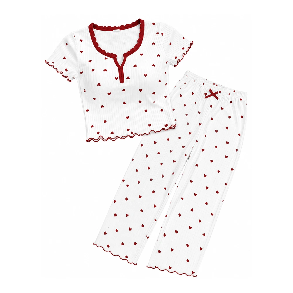 Conjunto Pijama Feminino Canelado com Estampa de Corações