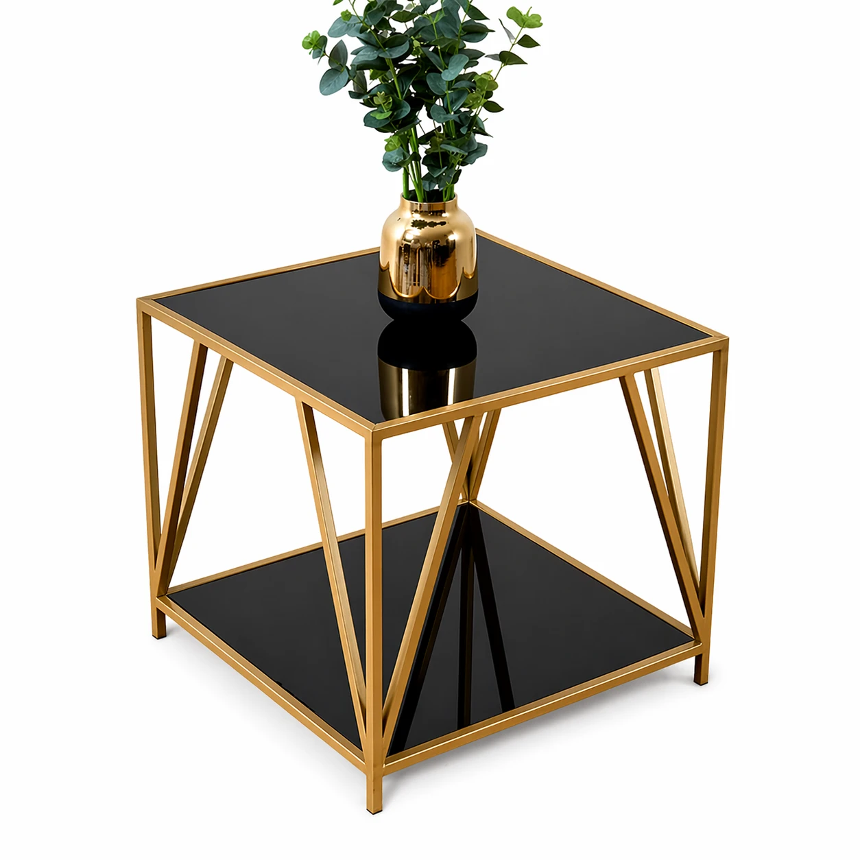 Mesa de Centro Moderna com Duplo Tampo em Vidro Temperado e Estrutura Metálica