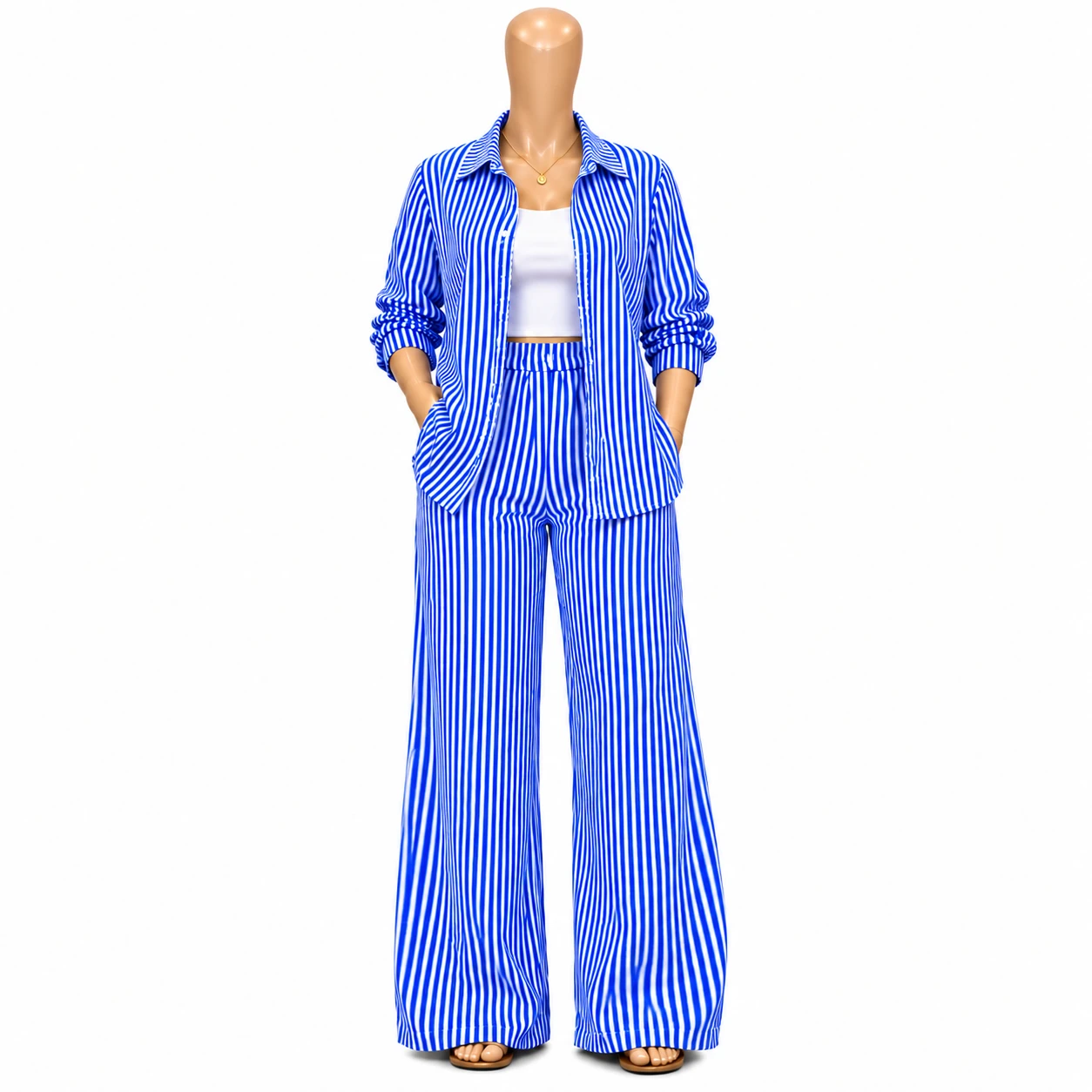 Conjunto Feminino Listrado 3 Peças – Camisa, Top e Calça Pantalona