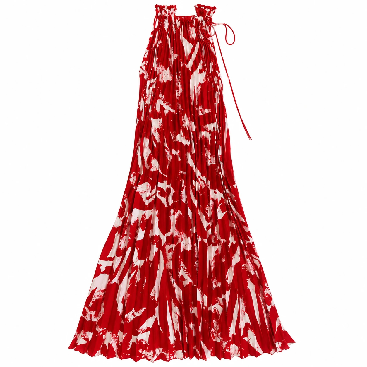 Vestido Feminino Longo Plissado Vermelho e Branco Estampado