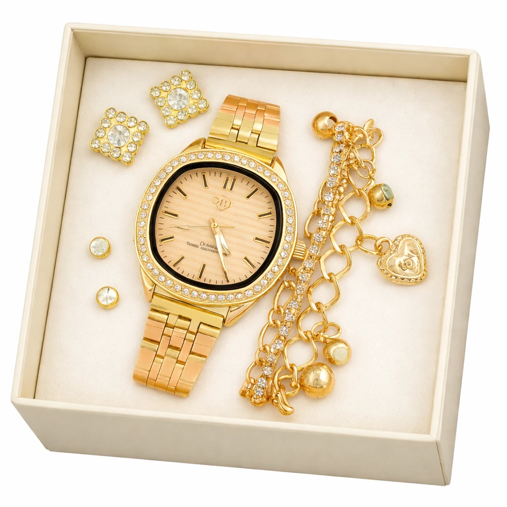 Relógio Feminino Dourado com Conjunto de Pulseira e Brincos Luxo