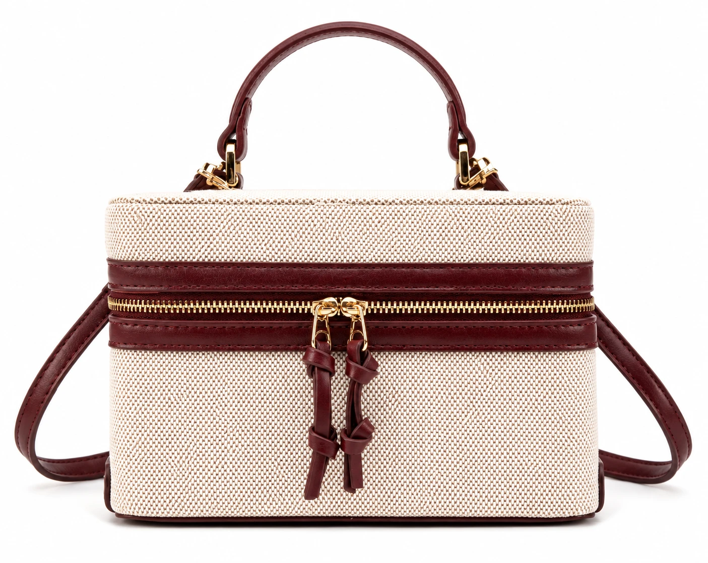 Bolsa Feminina Box Elegance em Tecido e Couro Sintético – Bege e Bordô