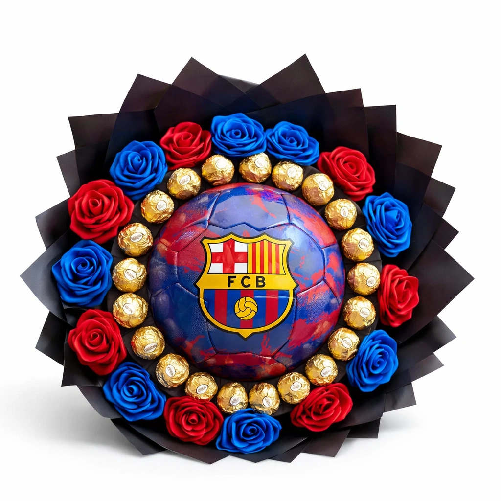 Buquê Premium FC Barcelona com Bola e Chocolates Ferrero