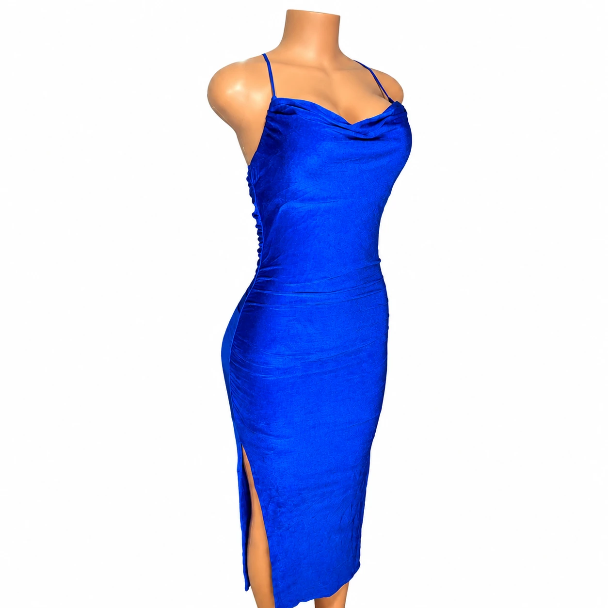 Vestido Feminino Azul Royal com Alças Finas e Fenda Lateral