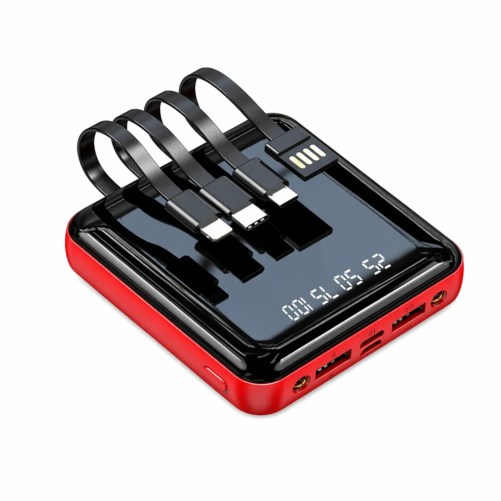 Carregador Portátil Power Bank 20000mAh com Espelho LED e Cabos Integrados