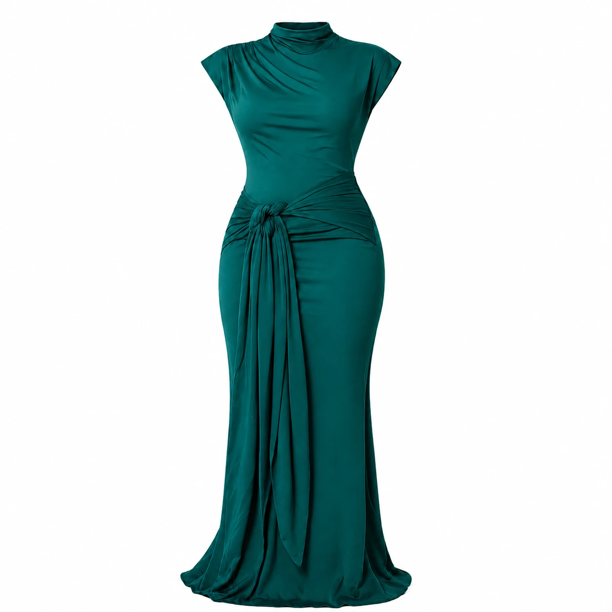 Vestido Longo Elegante Verde Esmeralda com Amarração na Cintura