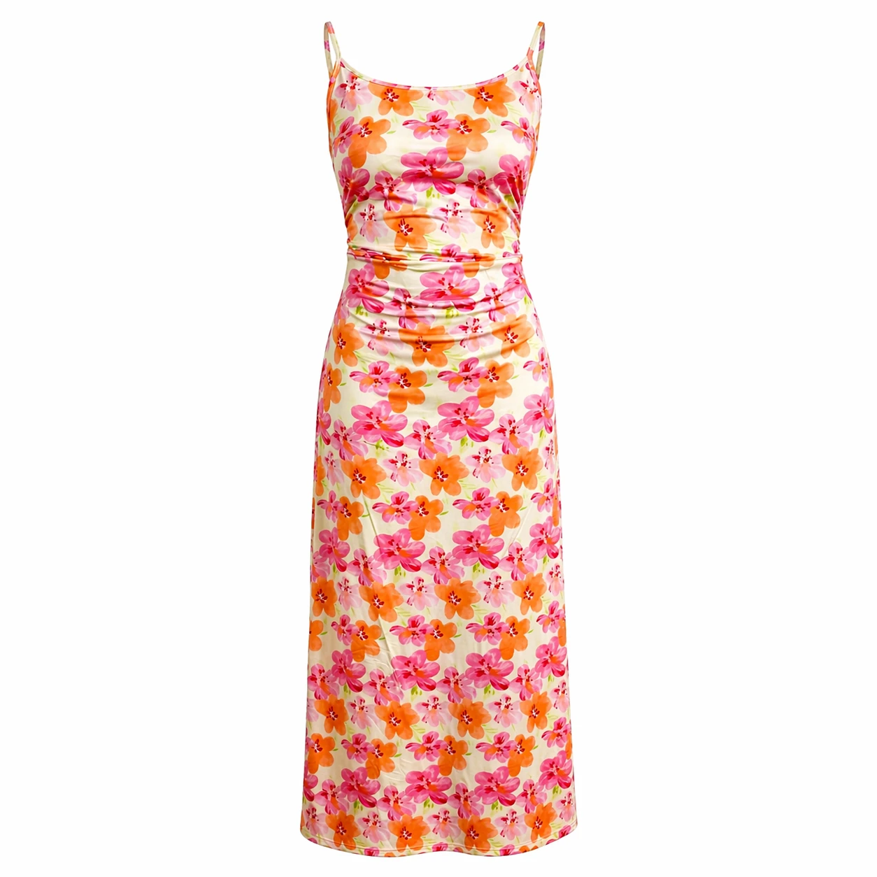 Vestido Midi Floral Ajustado Alças Finas – Elegância Verão