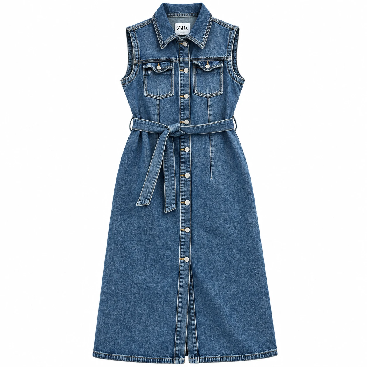 Vestido Feminino Zara Longo Jeans sem Mangas com Cinto
