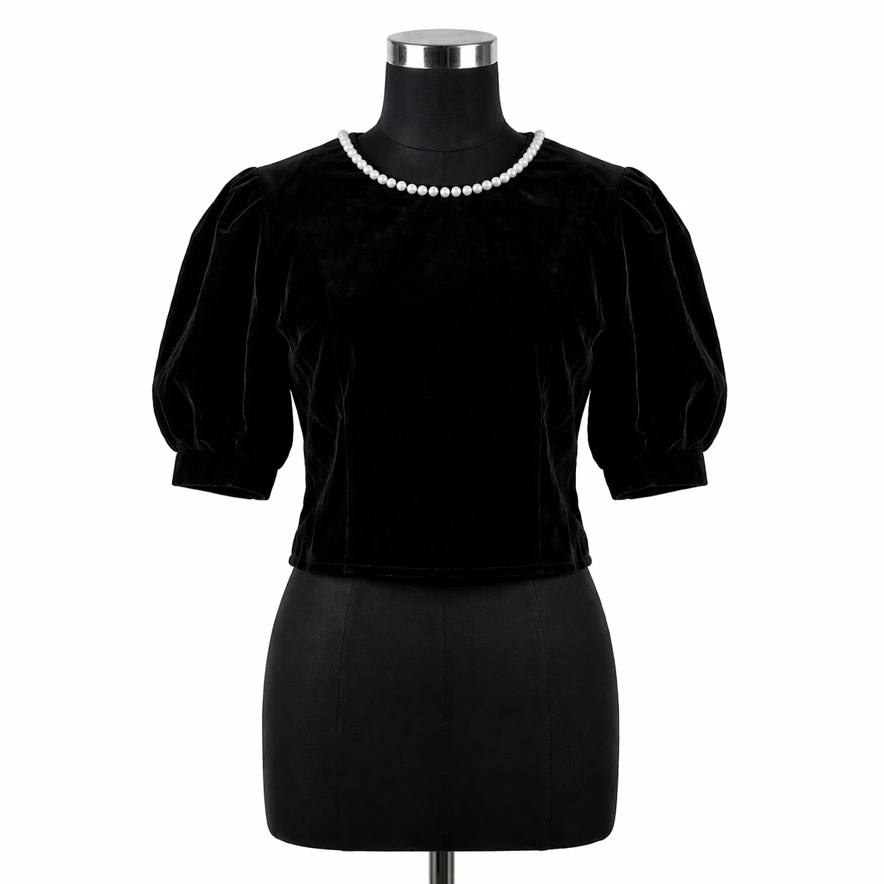 Blusa Feminina de Veludo Preto com Pérolas – Estilo Elegante Premium