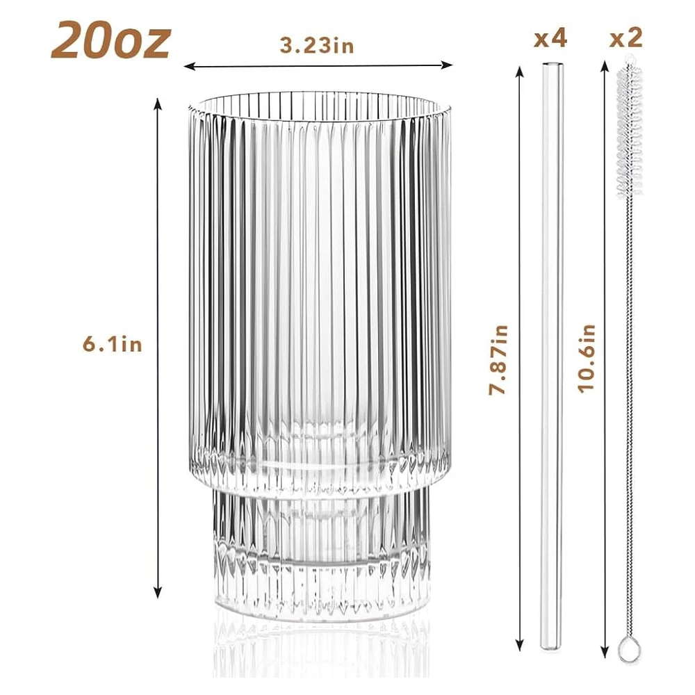 Conjunto de 6 Copos de Vidro Vintage Canelado 473ml – Elegantes para Cocktails, Sumos e Água