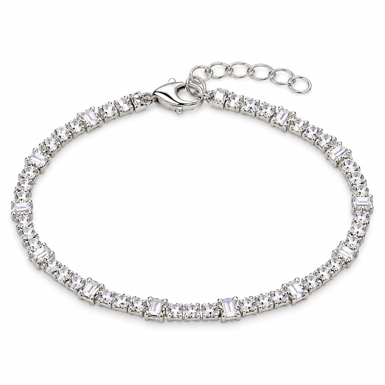 Pulseira Tennis Prateada com Pedras Brilhantes e Fecho Ajustável