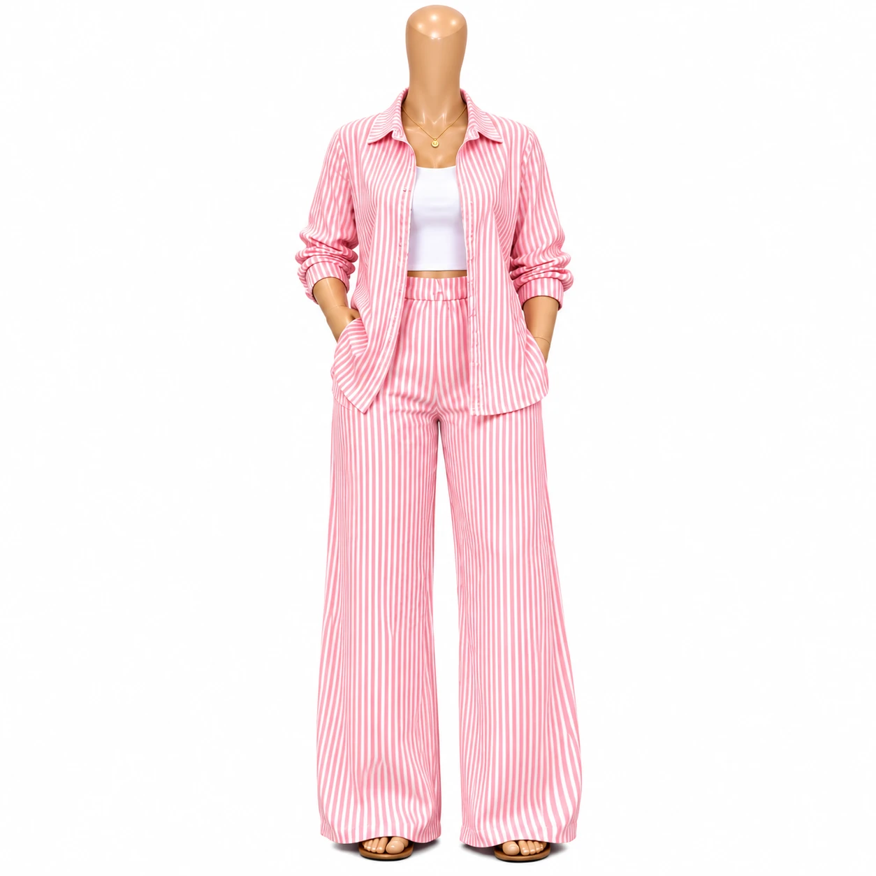 Conjunto Feminino Listrado 3 Peças – Camisa, Top e Calça Pantalona