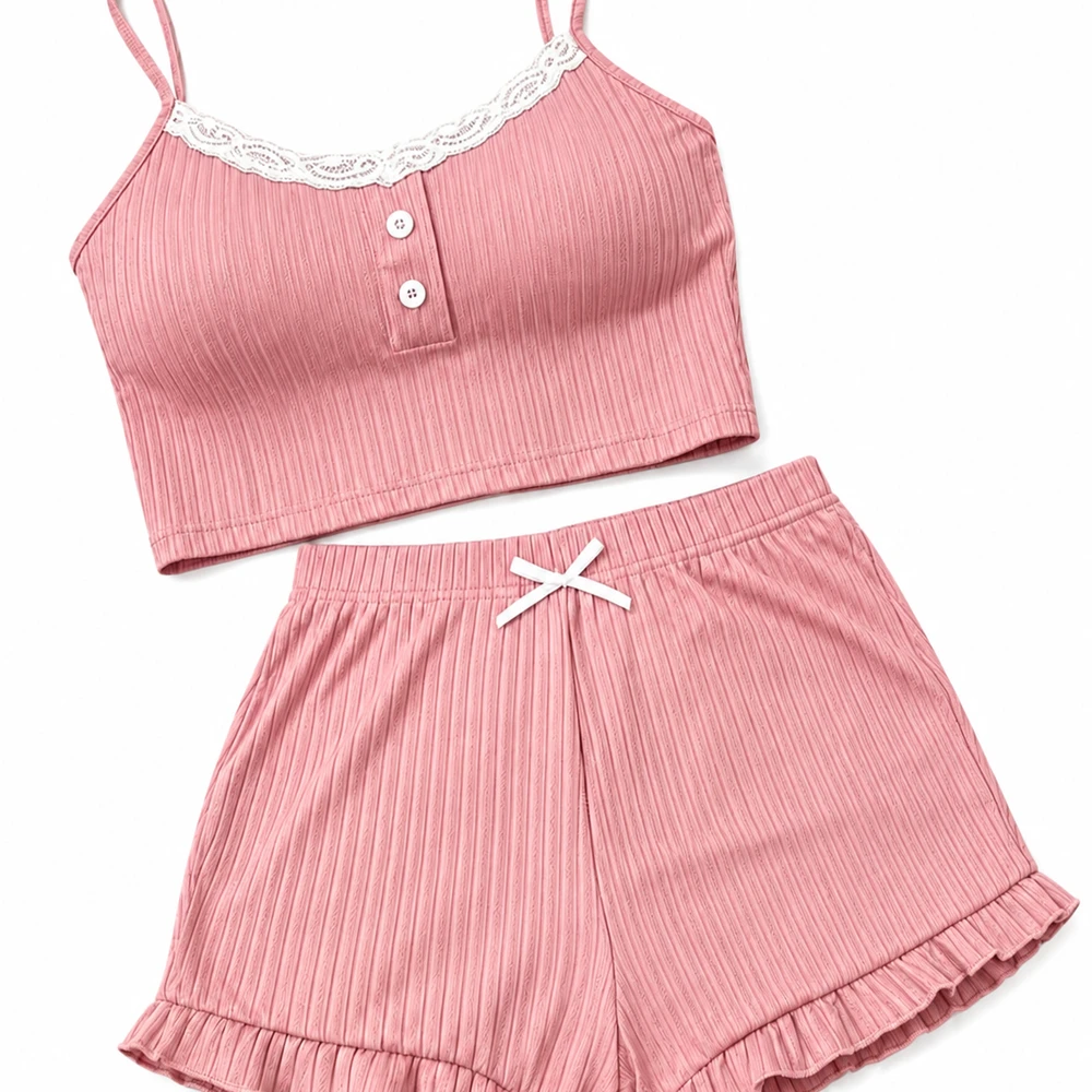 Conjunto Pijama Feminino Canelado Rosa com Top e Shorts