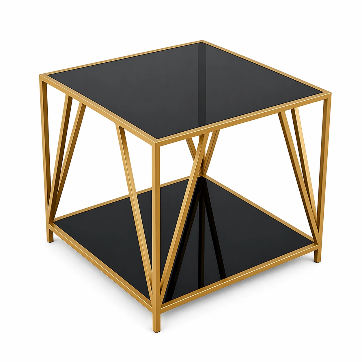 Mesa de Centro Moderna com Duplo Tampo em Vidro Temperado e Estrutura Metálica