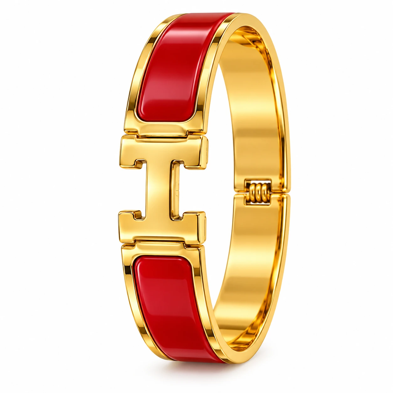 Pulseira Dourada com Detalhes Coloridos e Fecho Decorativo em H – Vermelho e Rosa
