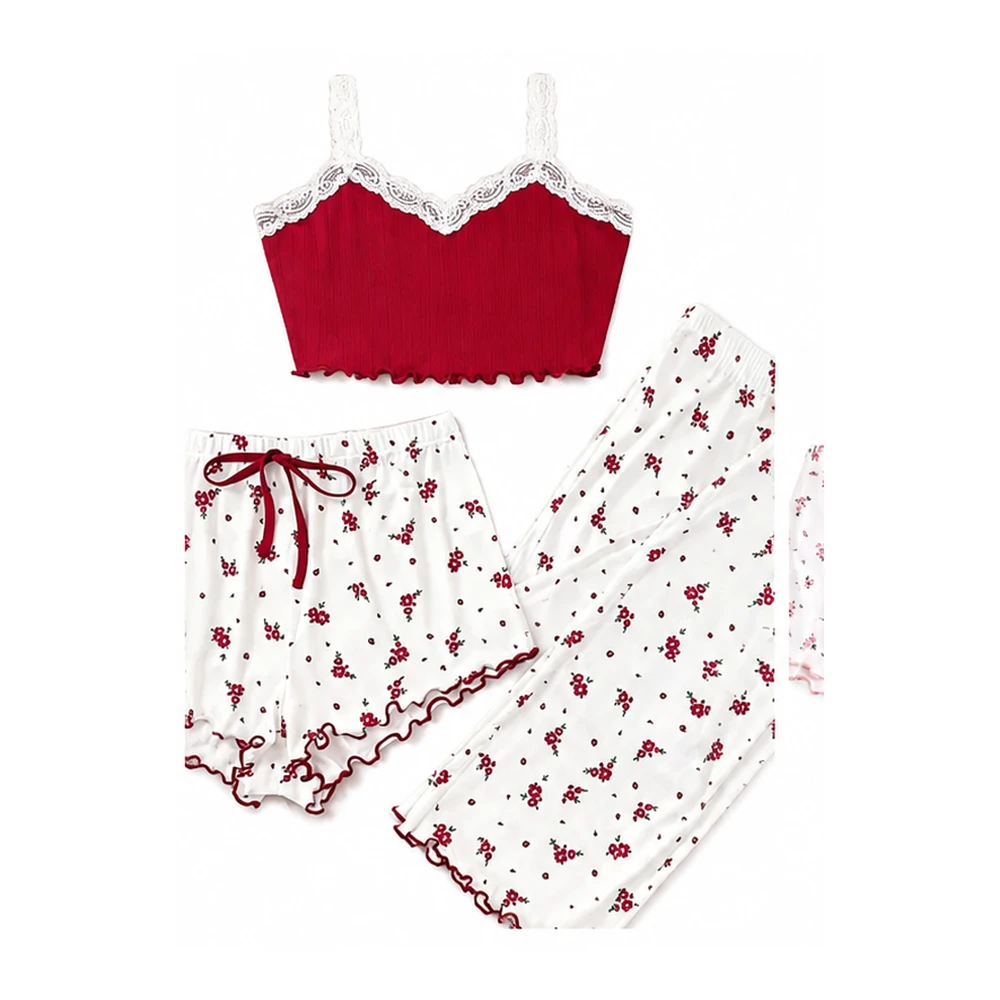 Pijama Feminino 3 Peças com Top, Calção e Calça Estampada