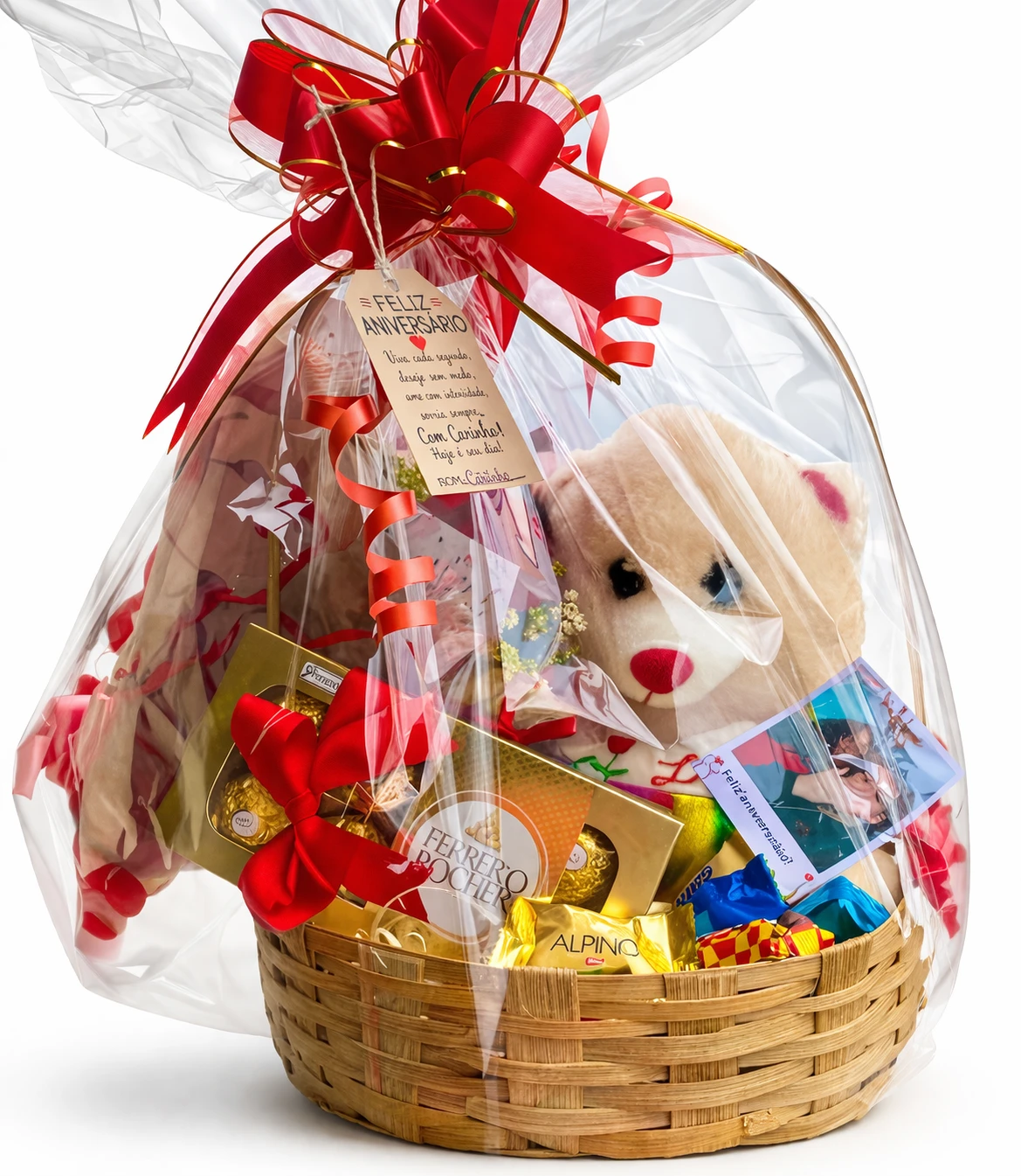 Cesta de Presente Aniversário com Ursinho e Chocolates Premium