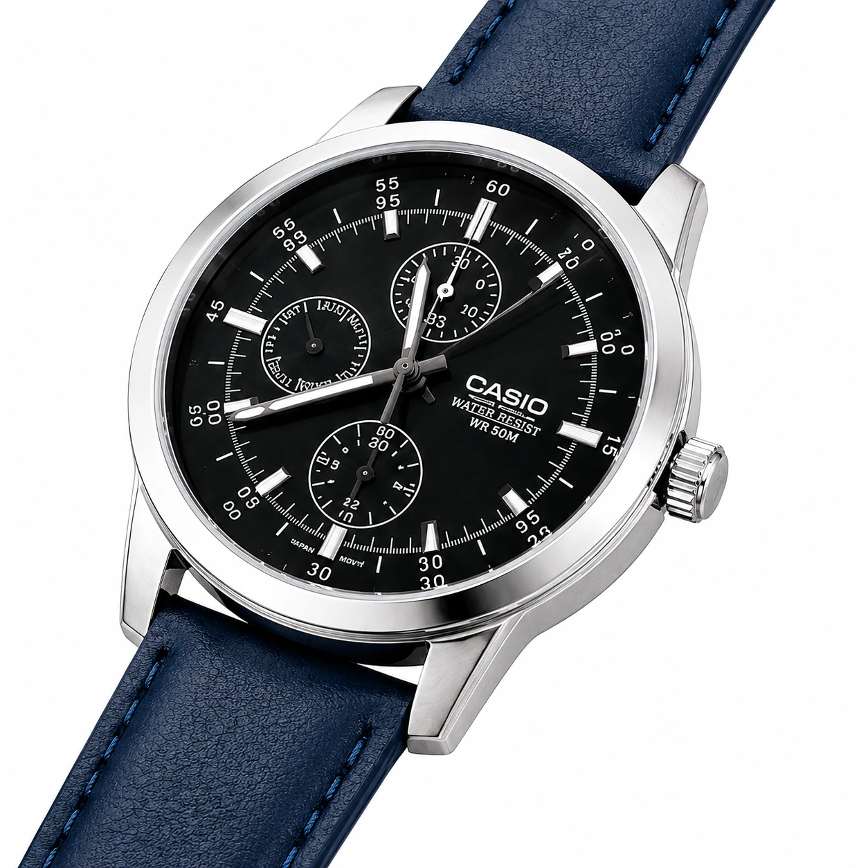 Relógio Casio Prata e Azul com Pulseira em Couro