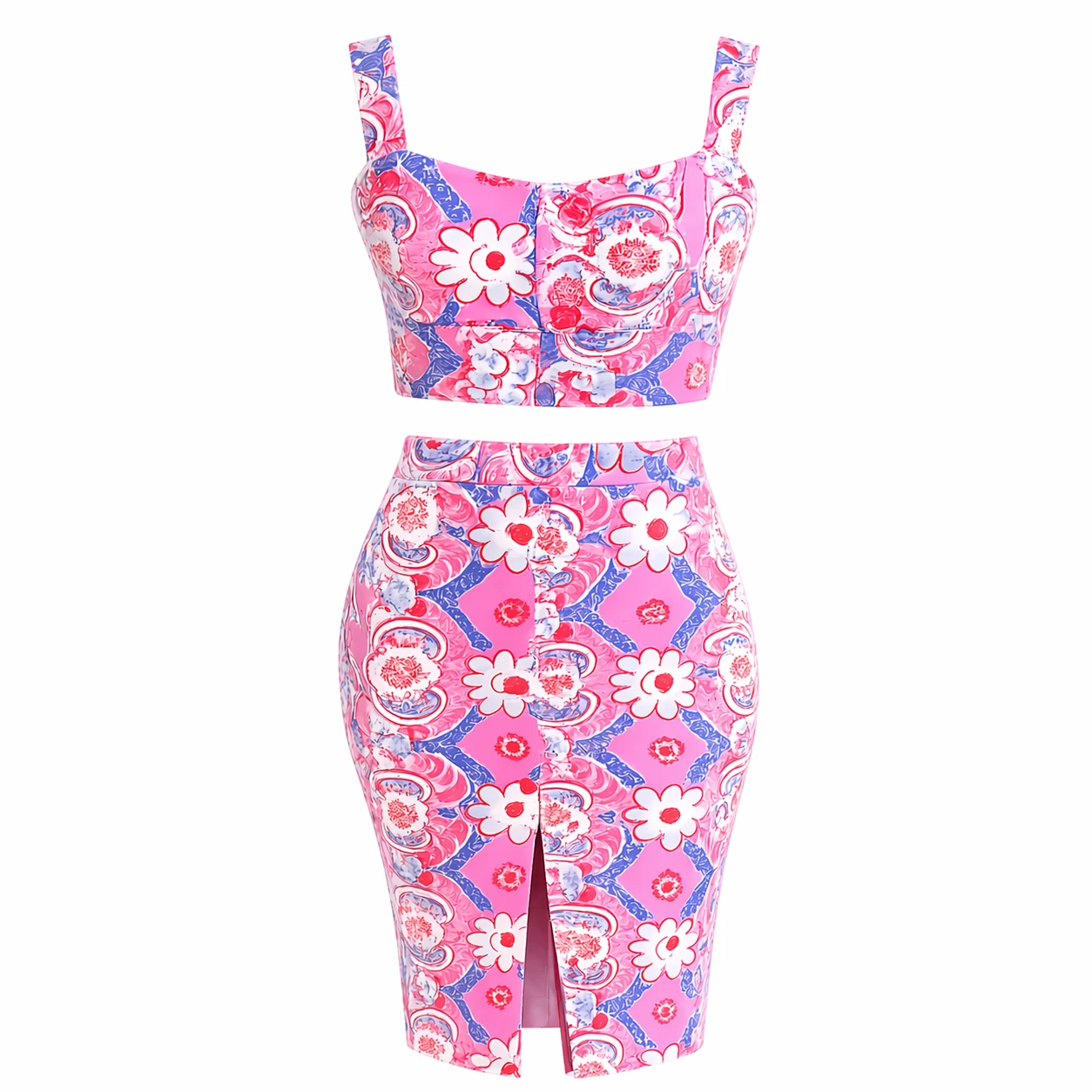 Conjunto Feminino Floral Elegante (Top Cropped + Saia Midi)