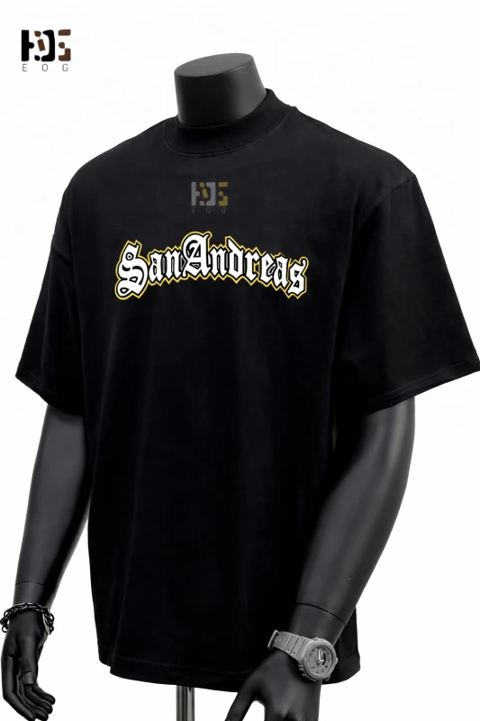 T-Shirt Masculina “San Andreas” Streetwear Preta – Camiseta 100% Algodão Estampada Estilo Urbano