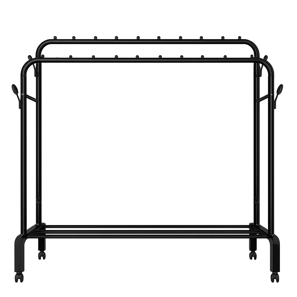Varal Duplo Metálico com Rodas e Prateleira Inferior – Preto