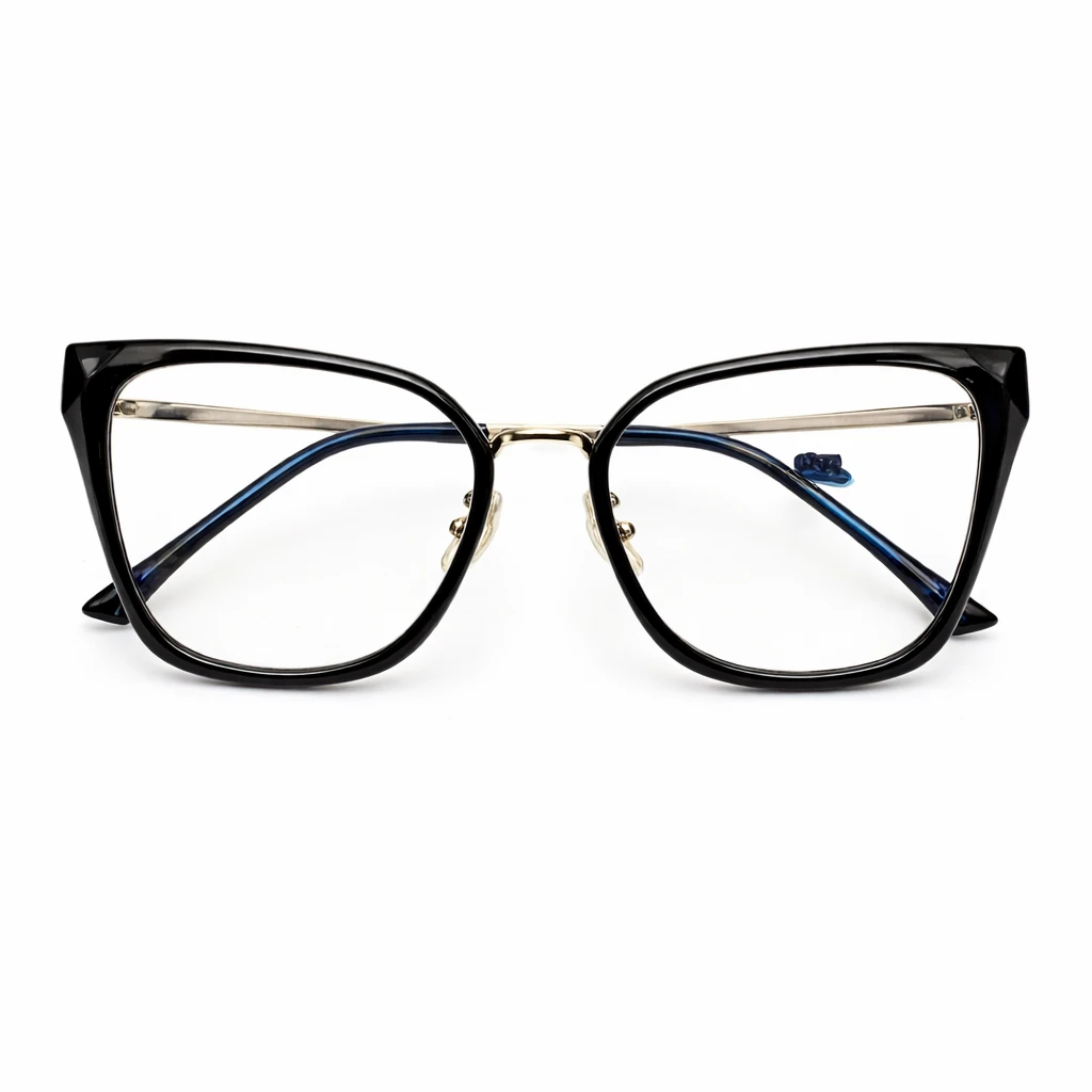 Óculos Femininos Cat Eye Elegante Preto com Detalhes Dourados