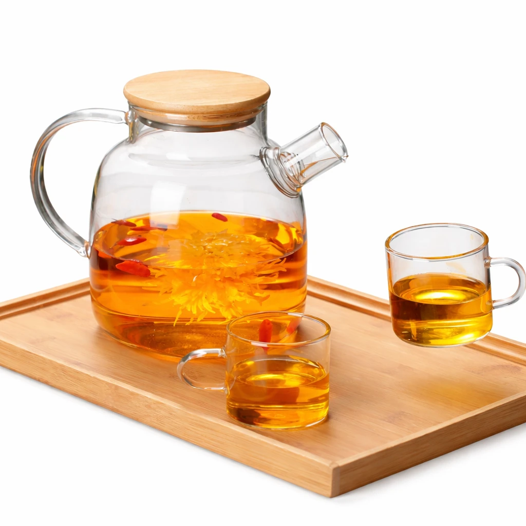 Chaleira de Vidro Elegante com Infusor em Inox e Tampa de Bambu
