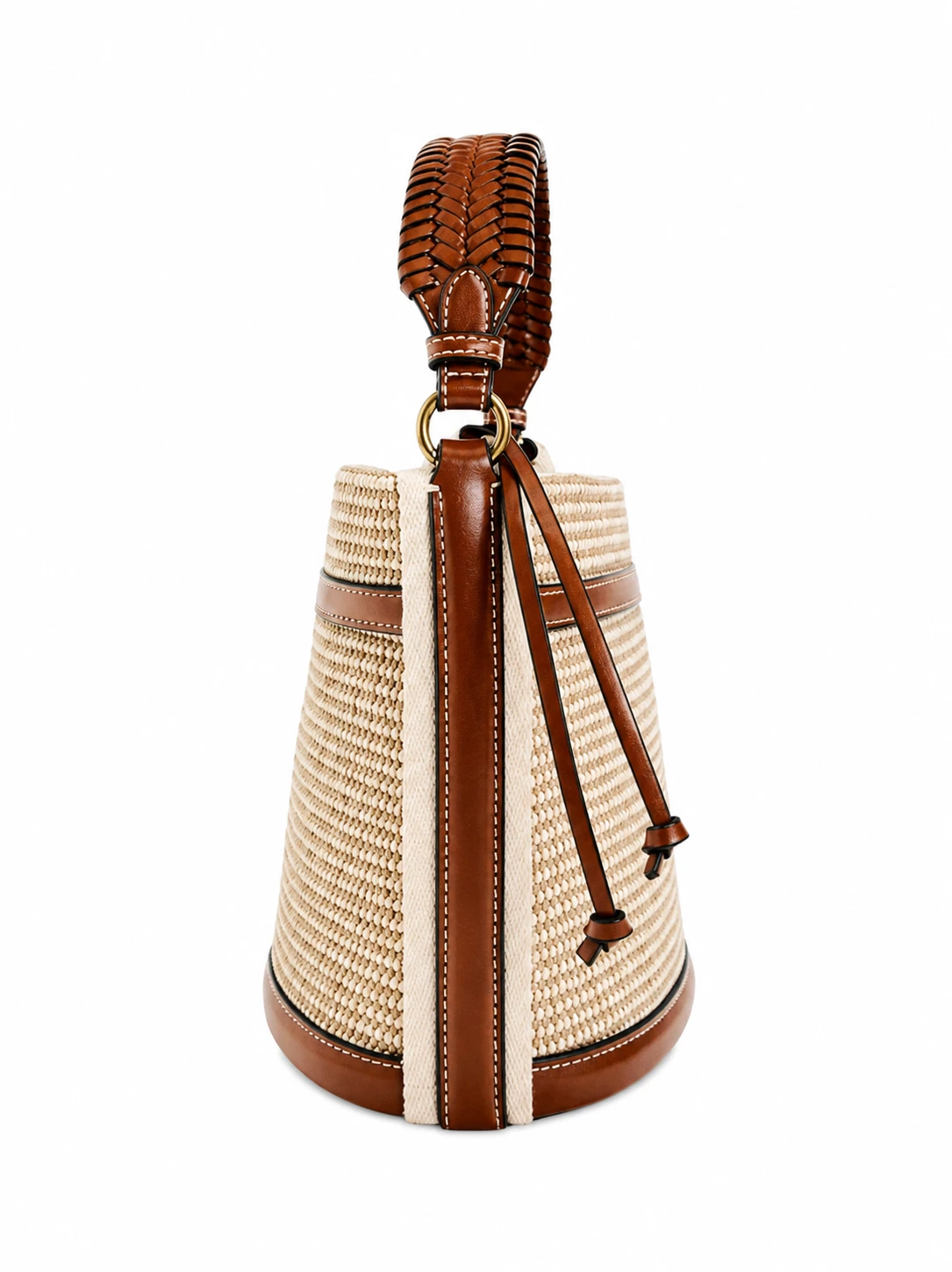 Bolsa Bucket Feminina em Palha e Couro Sintético – Bege e Caramelo
