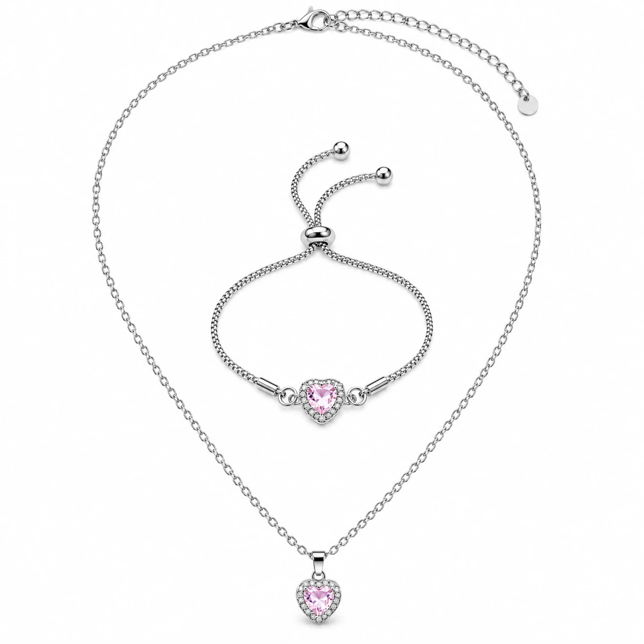 Conjunto Feminino de Colar e Pulseira com Coração de Zircão – Rosa e Prata