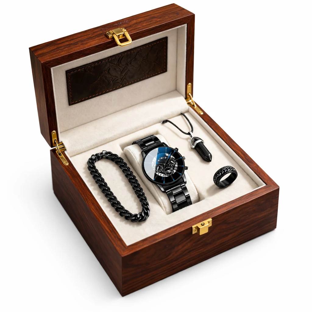 Conjunto Masculino Premium 4 Peças Preto – Relógio + Pulseira + Colar + Anel Elegante