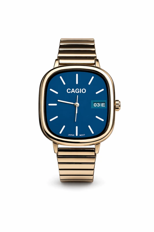 Relógio Masculino Elegante Cagio Dourado com Mostrador Azul
