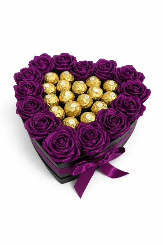 Caixa Coração com Rosas Roxas e Chocolates Ferrero Rocher